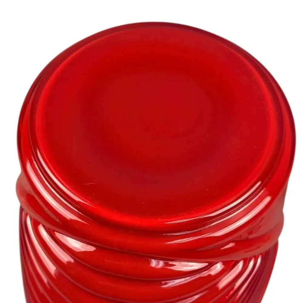 Vintage Anchor Hocking Red Glass Vase Art Deco Pleated Ribbed Design 1980's